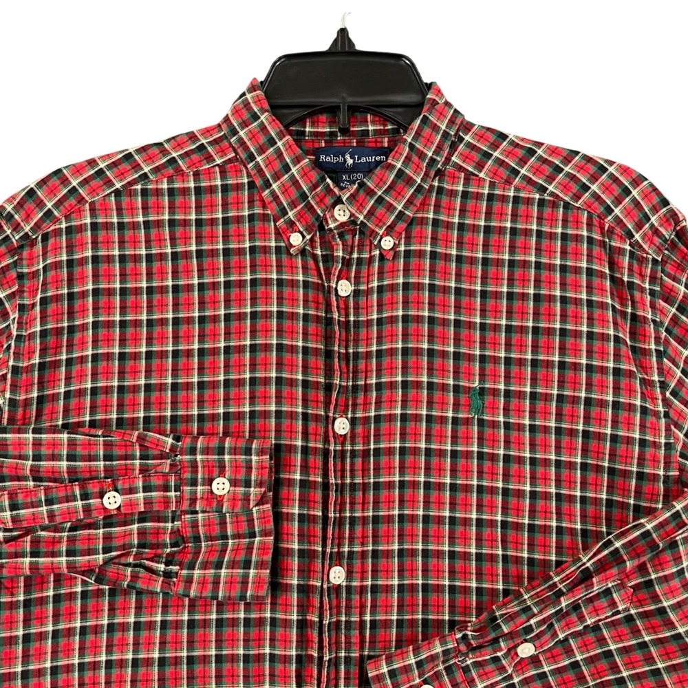 Ralph Lauren Shirt Boys XL Red Green Plaid Cotton Long Sleeve School